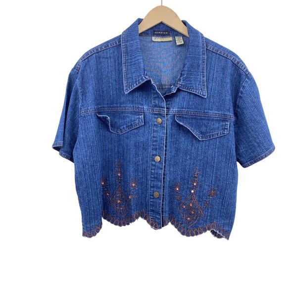 VTG Y2K FineJeans denim cropped button front shirt size XL 1X floral embroidery - Picture 1 of 6